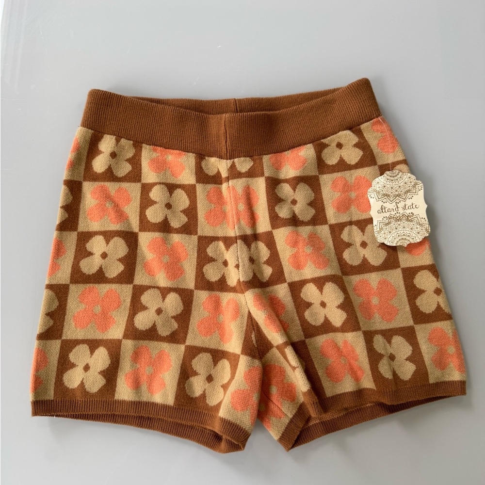 NWT | Altar’d State Floral Checker Knit Shorts Brown Peach | Size S